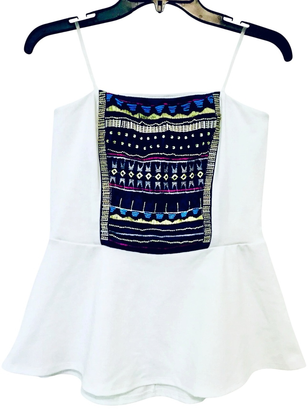 Studio Y Womens L White Sleeveless Peplum Embroidered Beaded Front Panel Y2K Top